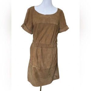 Hoss Intropia Goat Leather Short Sleeve Dress Size 36 US Size 4 Khaki Brown